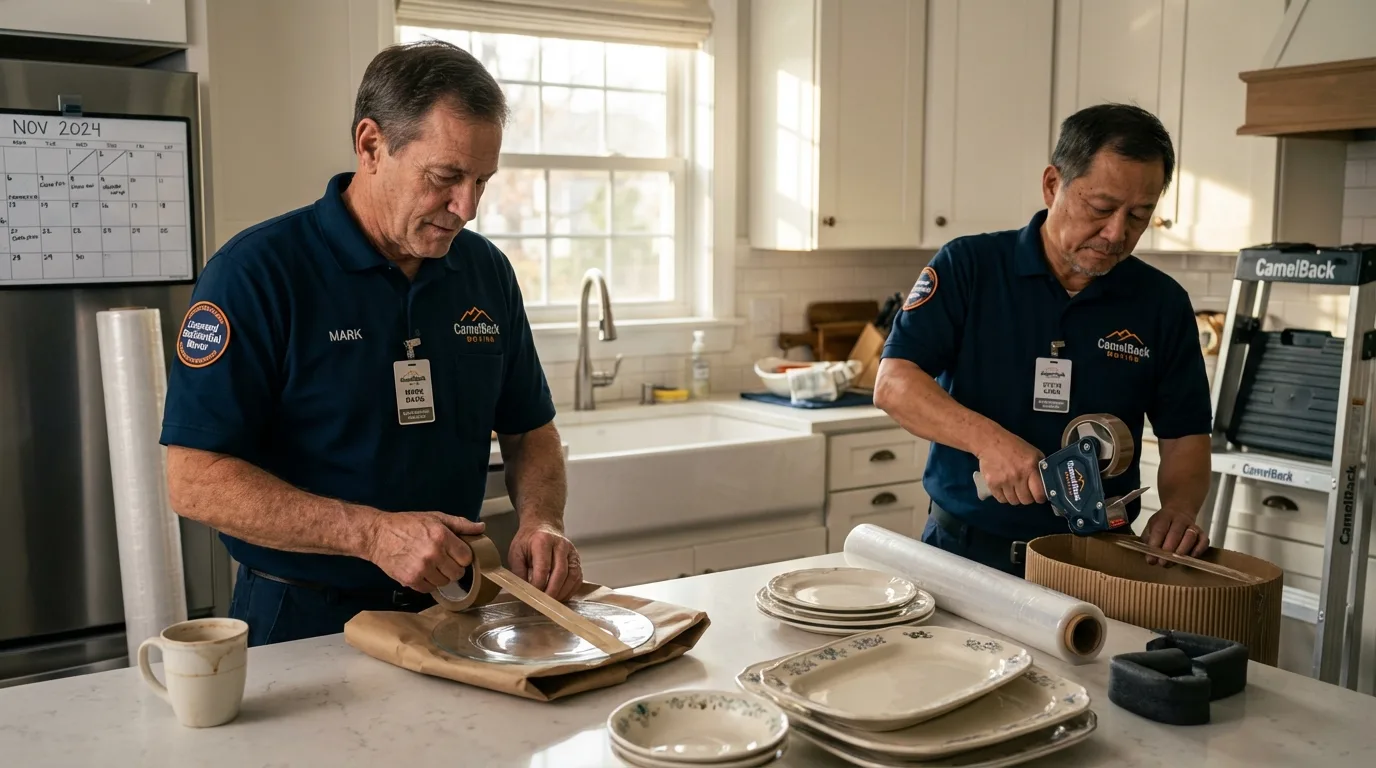 Professional crew packing kitchen dishware in Hettinger, ND